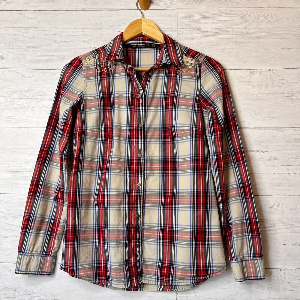 Zara Top Womens SZ XS Plaid Studded 100% Cotton Button Down Long Sleeve Cowgirl